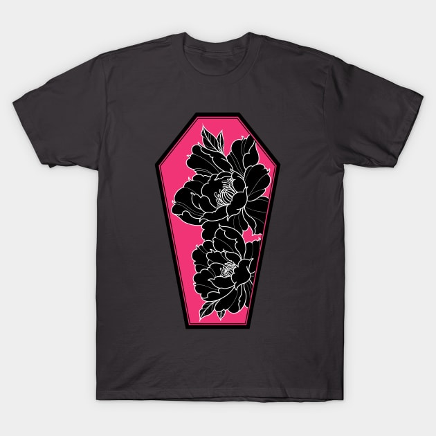 Coffin Peonies Black and Pink T-Shirt by Mertalou